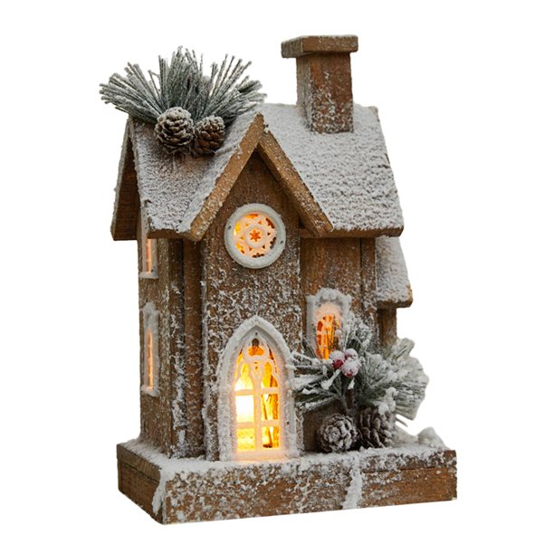 Estatua de casa de nieve navideña con luz de regalo Ilumina las casas navideñas de escritorio Marrón