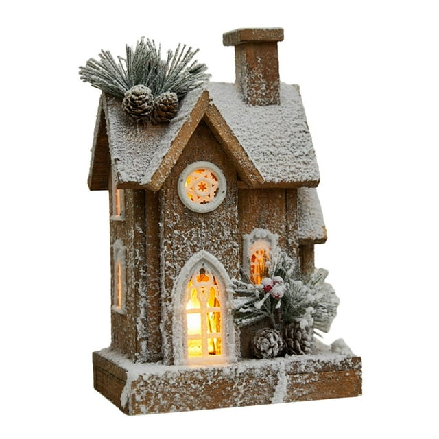 Estatua de casa de nieve navideña, decoración navideña con luz, mesa creativa Marrón