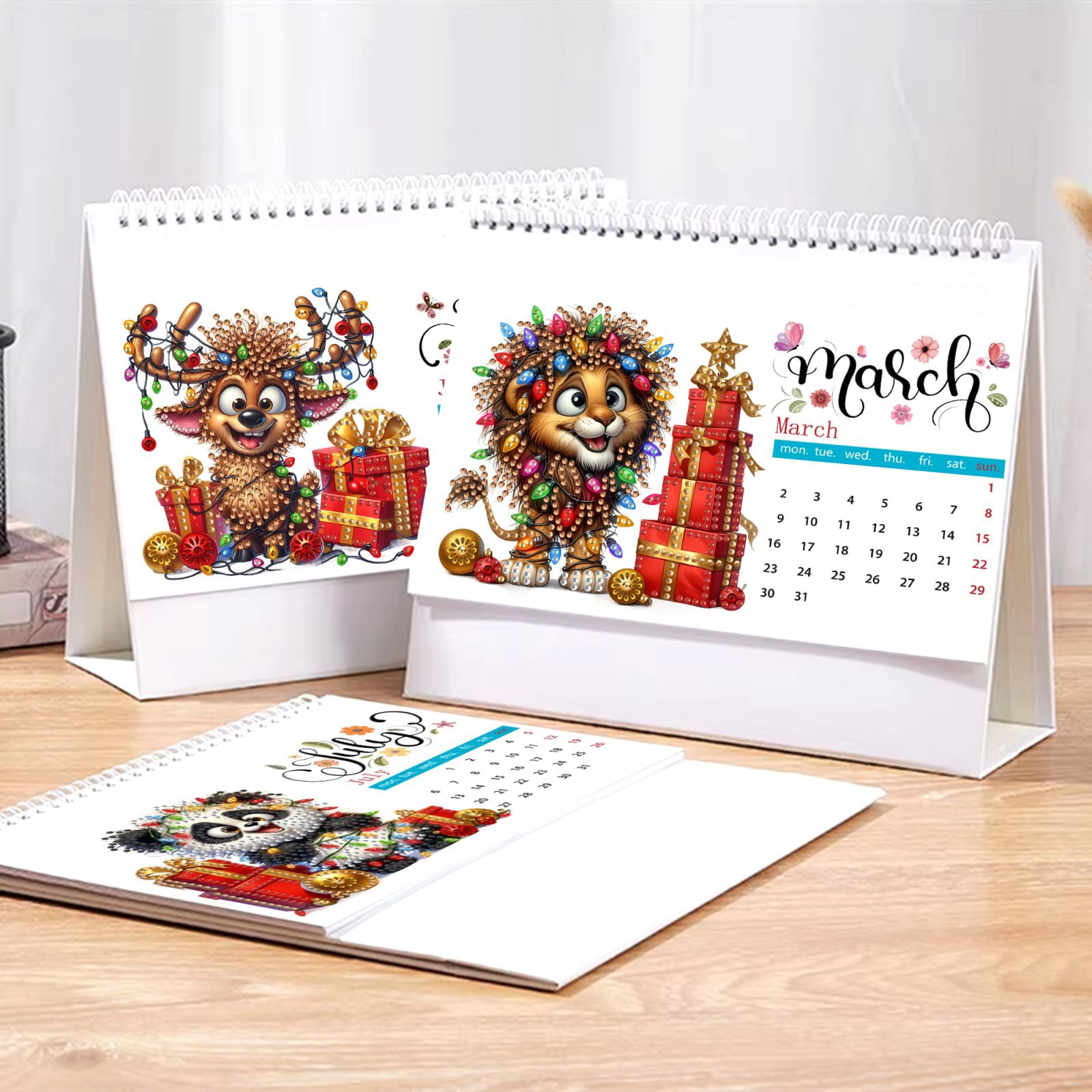 FLOPESN 2026 DIY Diamond Art Painting Desk Calendar,Thick Paper Monthly Flip Tabletop Calendars for Office Home Decor Planning-Christmas Animals