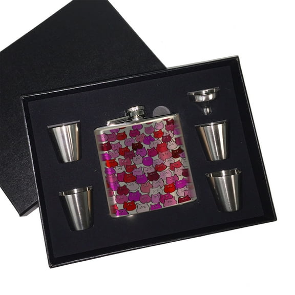 KuzmarK 6 oz. Stainless Steel Flask Set in Black Presentation Box -  Very Hot Pink and Orange Chubby Kitties Art by Denise Every