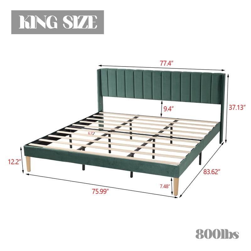 Pillfn Upholstered Platform King Size Bed Frame with Headboard Wooden Slats Support,Green