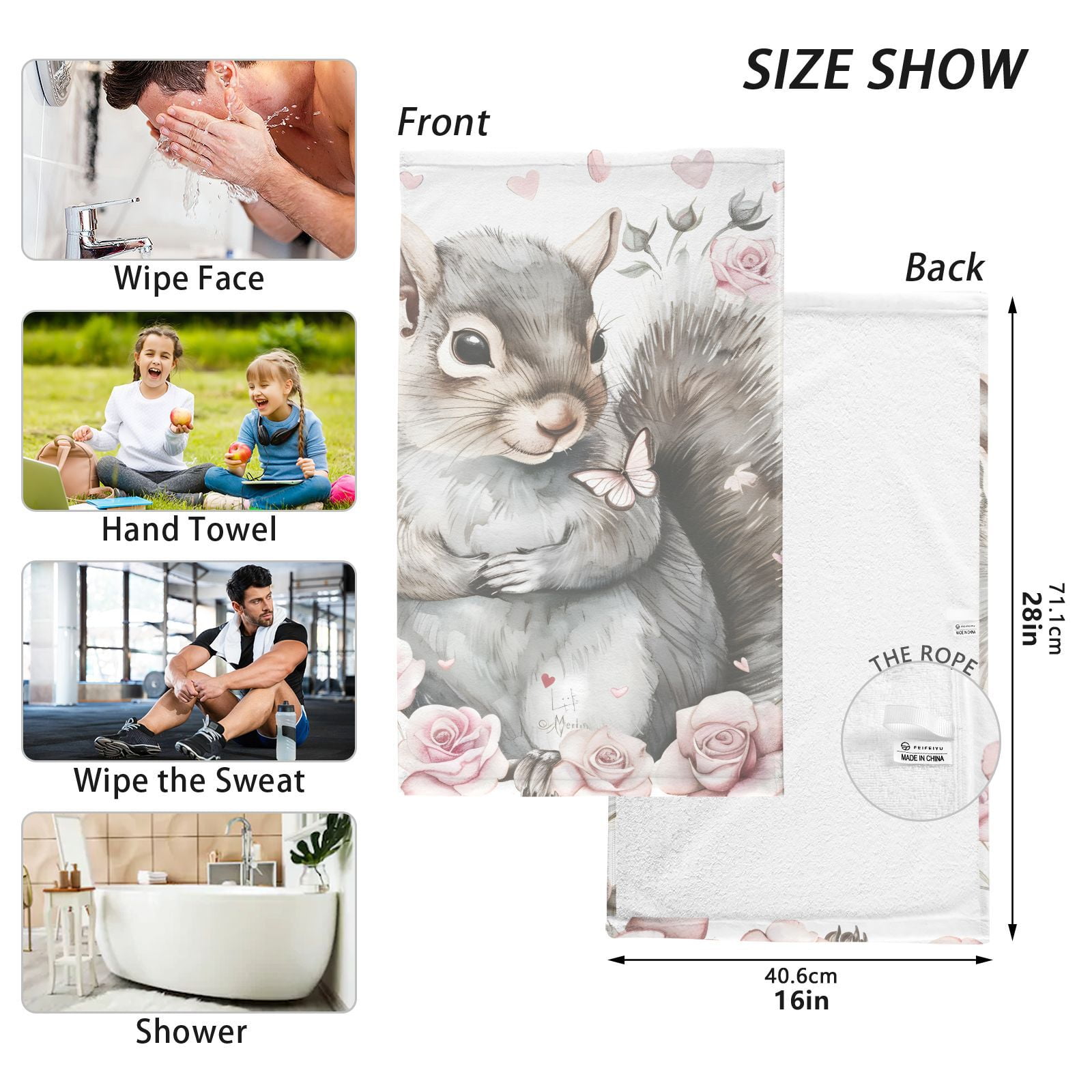 Grey Squirrel Hand Towels Cotton Bath Towels Large Face Towels Absorbent for Bathroom 2 Packs