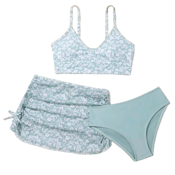 Odeerbi Conjunto de Traje de Baño de 3 Piezas Para Niñas de 6-14 Años Conjunto de Bikini de Impresión Floral de Verano Con Cubiertas de Sarong Traje de Baño Lindo