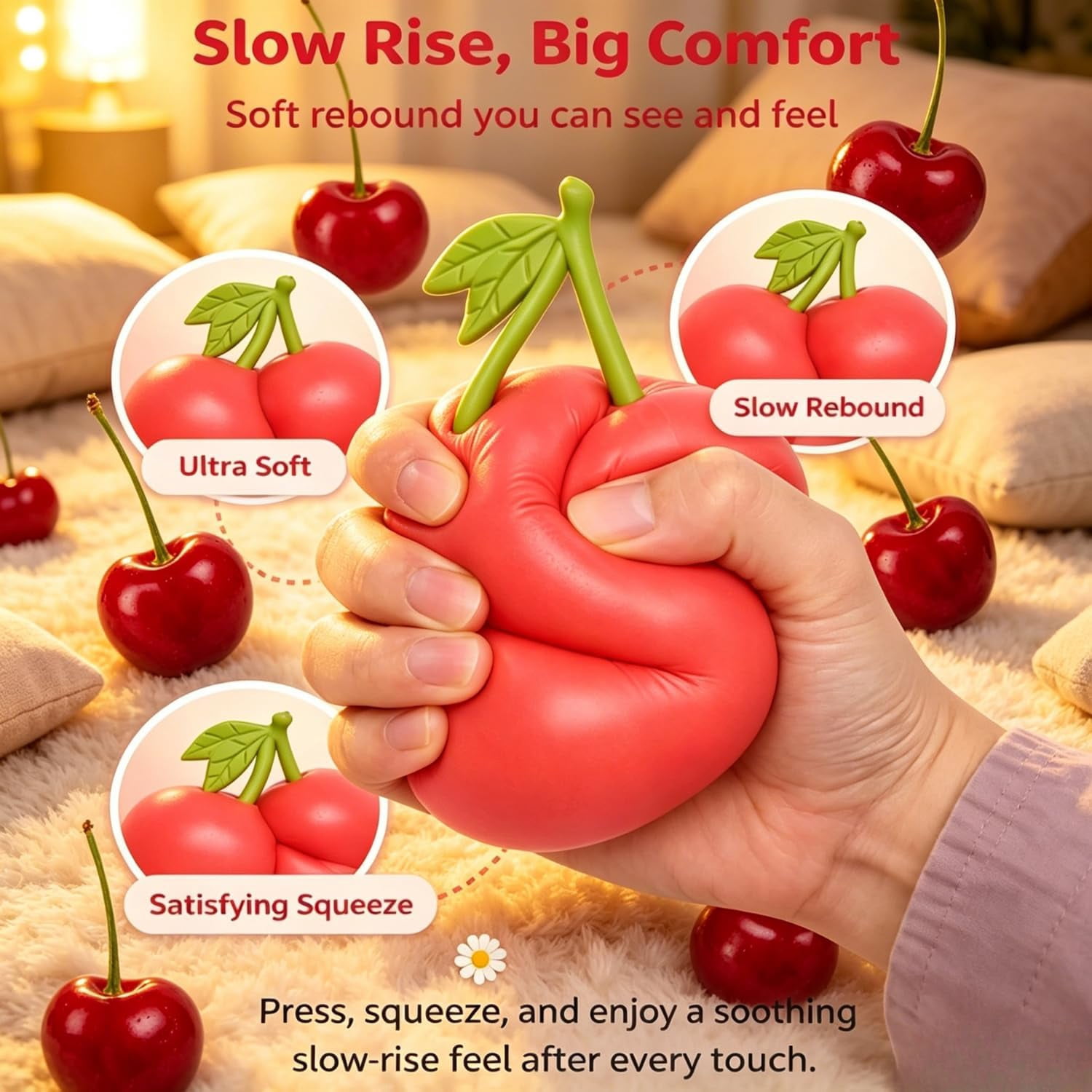 8in Giant Cherry Squishy, Jumbo Big Cute Realistic Cherry Stress Ball Soft Squishys Slow Rising Stress Ball for Anxiety Stress Party Favors (Giant Cherry)