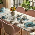 thumbnail image 3 of Teal Tulip Butterfly Table Cloths for 8 Foot Rectangle Tables, Turquoise Floral Farmhouse Beige Patio Waterproof Elastic Fitted Tablecloths, Washable Rectangular Table Cover for Camping, 3 of 8