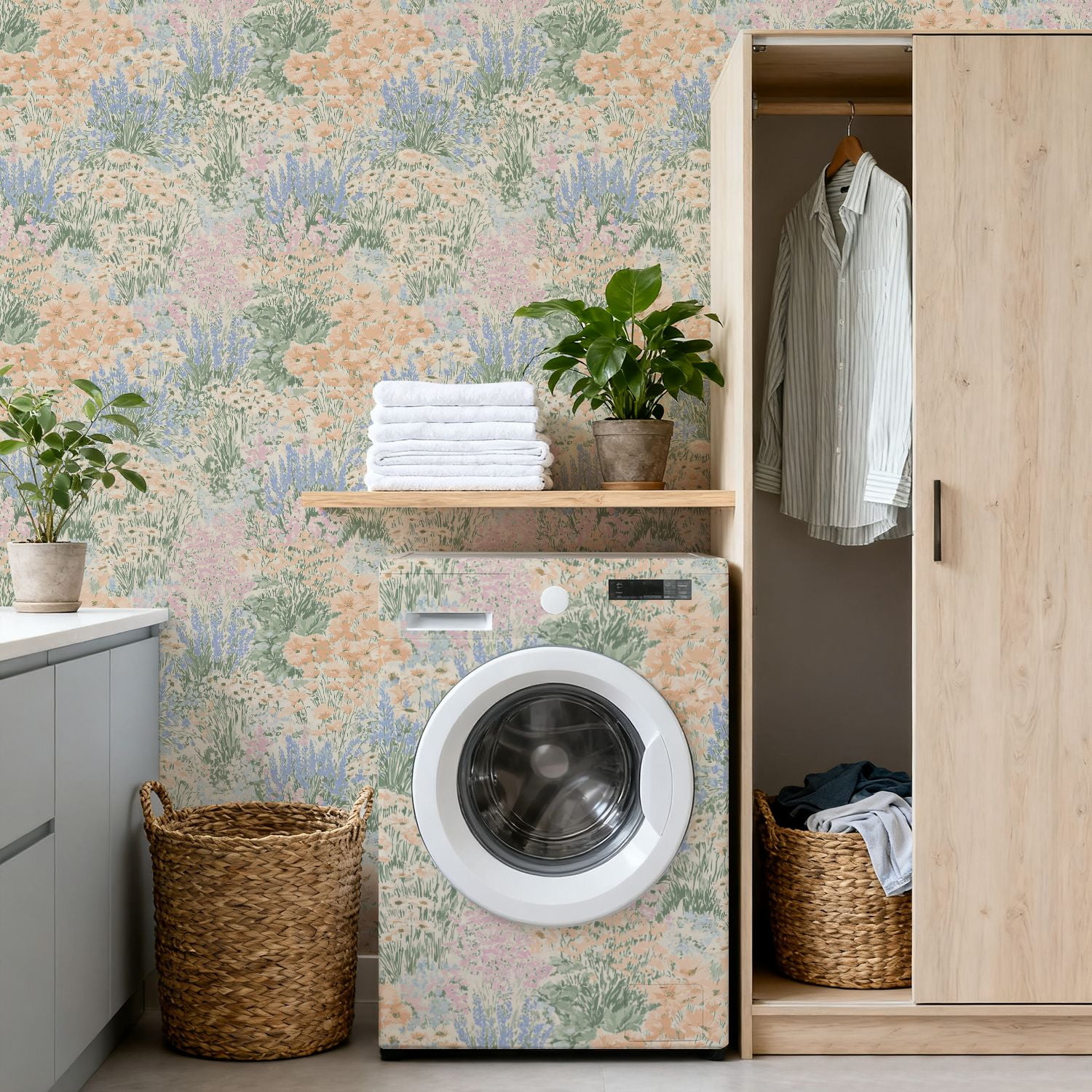 Peel and Stick Wallpaper 17.7in x 9.8ft Pastel Floral Soft Pink Blue Green Flowers Contact Paper Vinyl Waterproof Self Adhesive Wall Paper for Bedroom Shelf Cabinet Renter Friendly