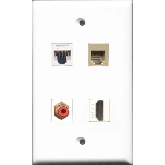 RiteAV 1 Port HDMI and 1 Port RCA Red and 1 Port Phone RJ11 RJ12 Beige and 1 Port Cat5e Ethernet White Wall Plate