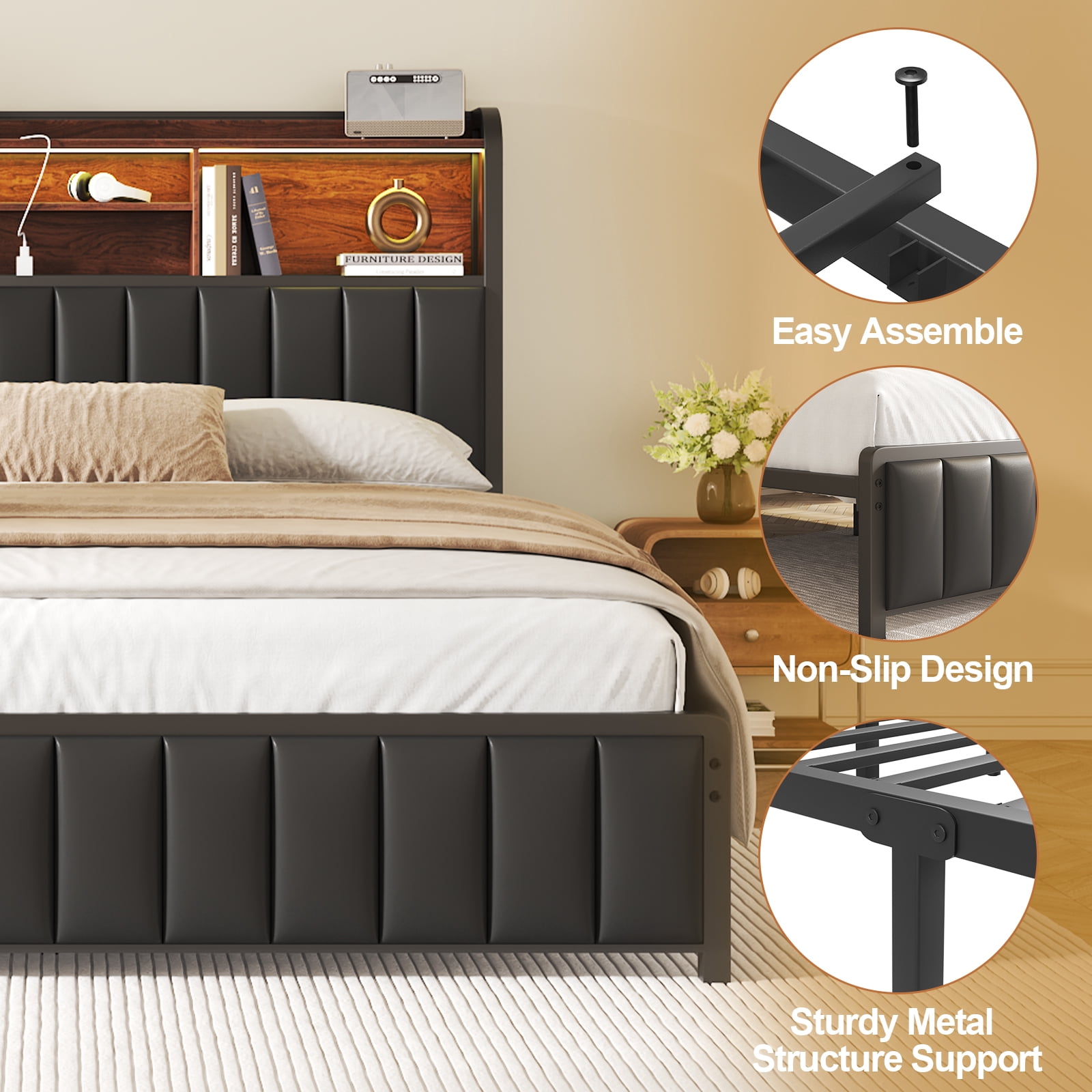 Metal Platform Bed Frame with Storage Headboard and Charging Station, Queen Size Bed with LED Lights, Faux Leather Upholstered Footboard, Under-Bed Storage, Noise-Free, No Box Spring Needed, Black