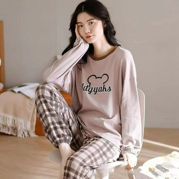 Conjunto de 2 piezas de pijama para mujer ropa de dormir informal manga larga cuello redondo traje suelto pantalones y camisetas a cuadros primavera y otono Walmart en linea