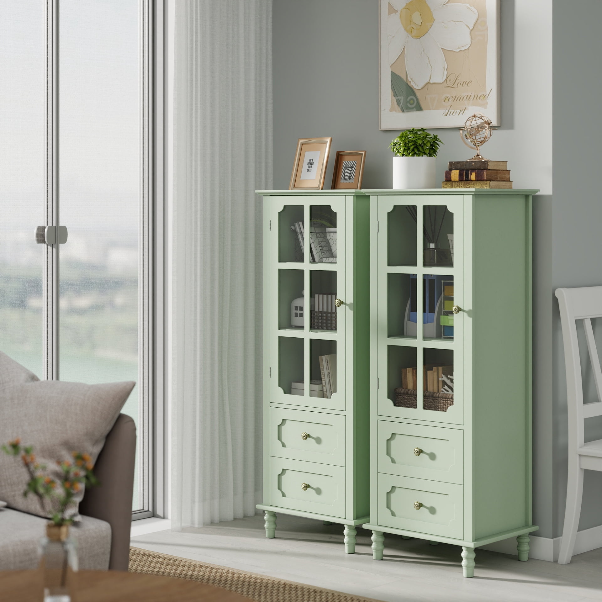 Aukfa Tall Buffet Pantry Cabinet,2 Drawers Wood Sideboard Cupboard for Dining Room Hallway Entryway,Green