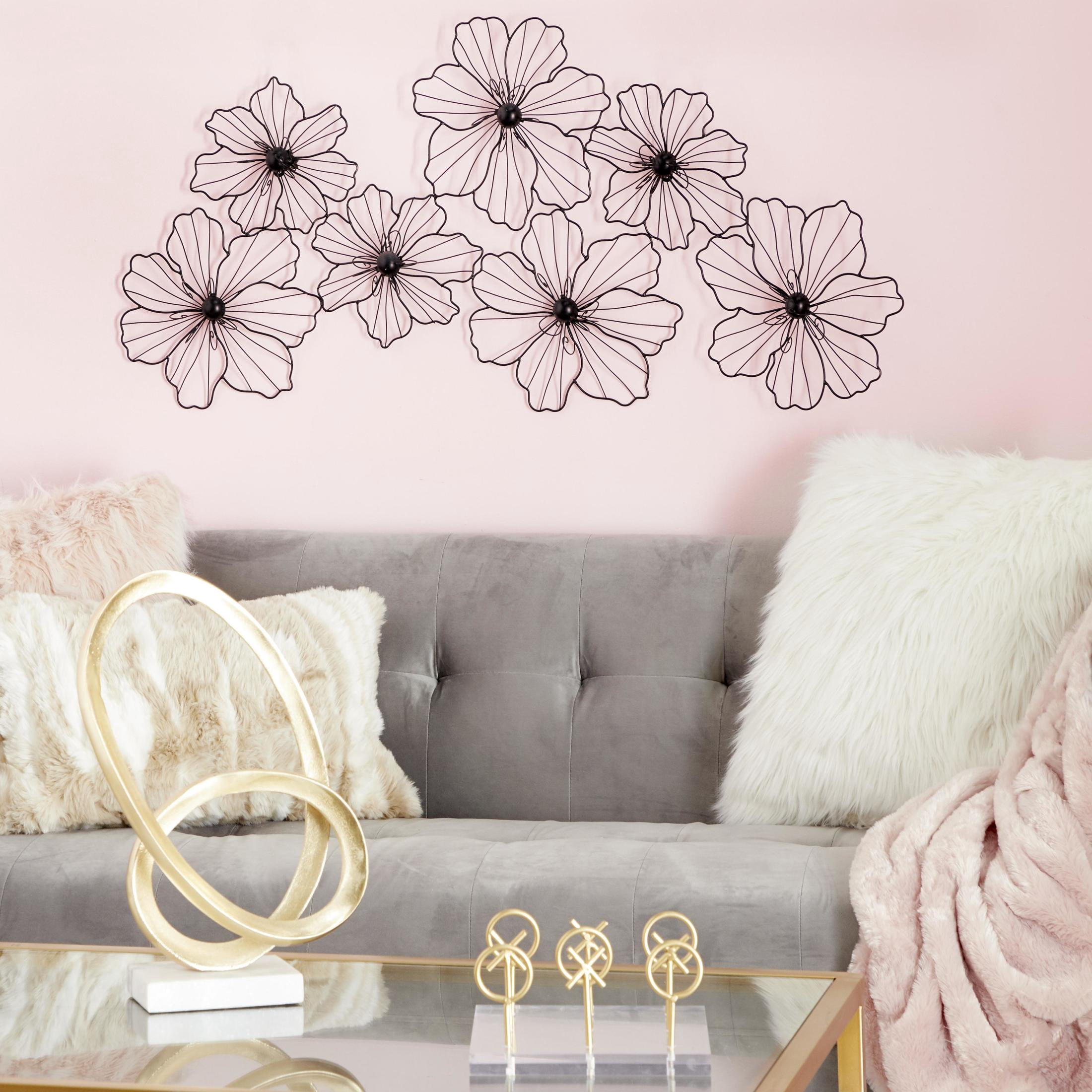 CosmoLiving by Cosmopolitan Black Metal Wire Floral Wall Decor with Scroll Accents