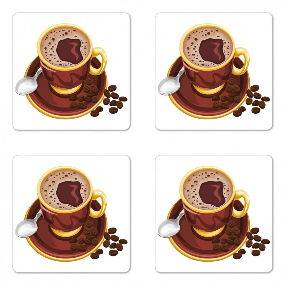 Coffee Coaster Set of 4, Graphic Image of a Foamy Cappuccino with a Spoon and Some Beans, Square