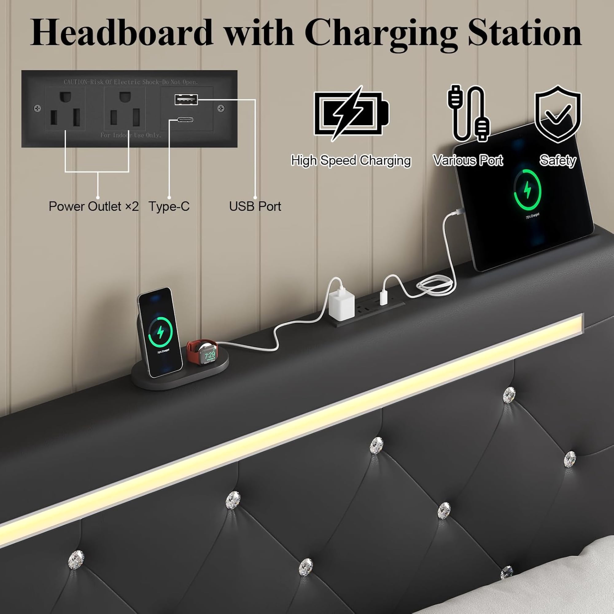 BSHTI Queen Size Faux Leather Upholstered Bed Frame with LED Light, Charging Station, 4 Storage Drawers, Adjustable Headboard for Bedroom(Black)