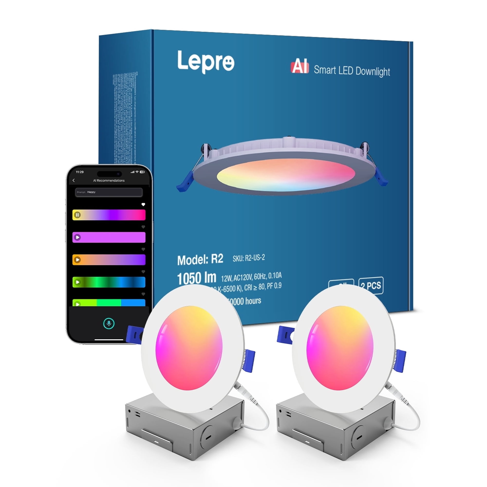 Lepro 2-Pack R2 6 inch LED Recessed Light - AI Lighting with Mood Recog. 12W 1050 Lumen Dimmable Wafer Lights RGBCW Sync with Music Smart Canless Downlights Work Alexa & Google Assistant