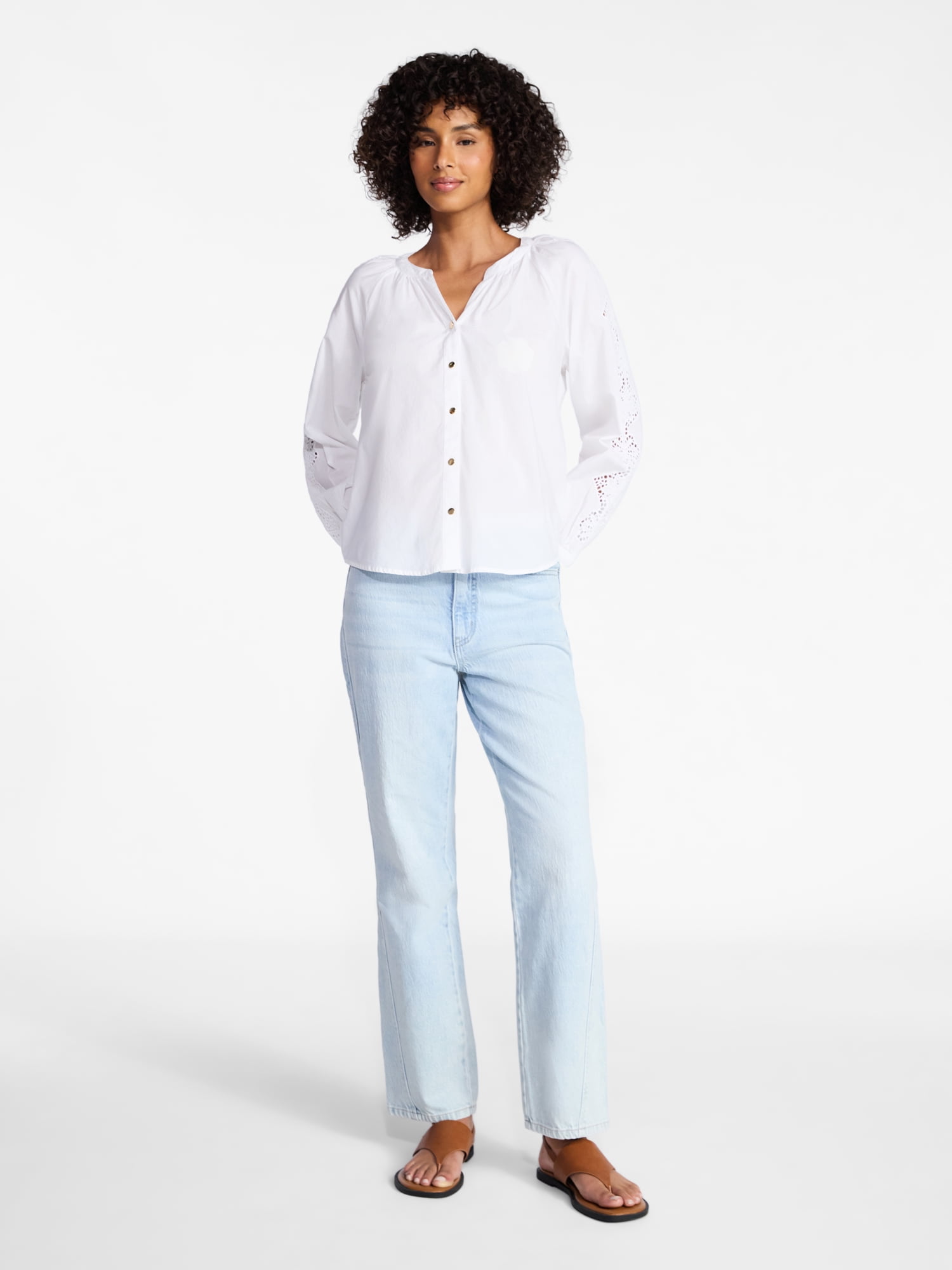 Time and Tru Women's Eyelet Blouse with Long Sleeves, Sizes XS-XXXL