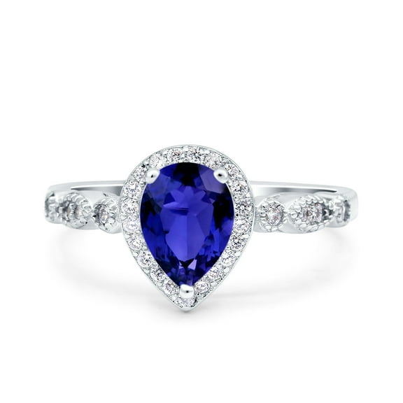 Halo Pear Teardrop Ring Blue Sapphire CZ 925 Sterling Silver Size 5