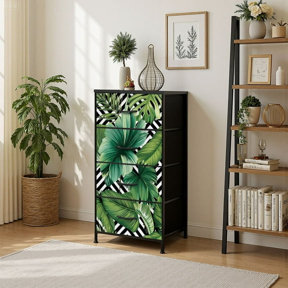 4 Drawer Vertical Storage Dresser Print summer exotic jungle plant tropical palm leaves floral with Wood Top Fabric Pull Drawers