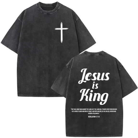 Jesus Is King Washed T-Shirt, Christian Bible Verse Oversized Cotton Fashion Tee for Men and Women