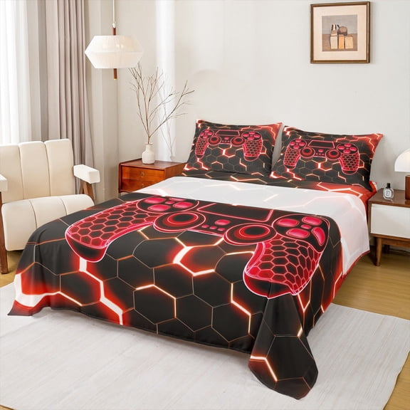 Manfei Modern Gamepad Full Size Sheets,Teens Video Game Bed Sheets,Red Black Honeycomb Sheet Sets For Boys Kids,Ultra Soft Home Decor,4pcs