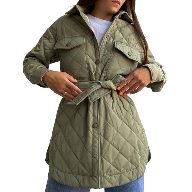 Txlixc Chaqueta acolchada para mujeres con cinturón ligero, cómodo, cálido, de manga larga de una sola fila Txlixc moda