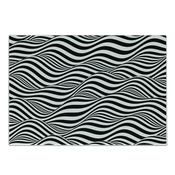 Abstract Surreal Cutting Board, Optical Illusion Look Monochrome Stripes Waves Print, Decorative Tempered Glass Cutting and Serving Board, in 3 Sizes, by Ambesonne