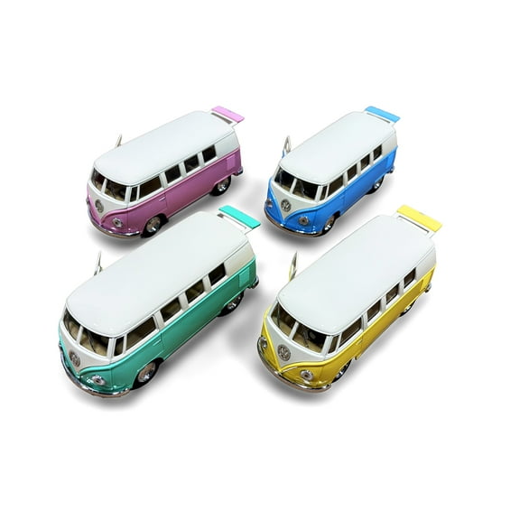 Box of 12 1962 Volkswagen Classical Bus, ASSTD - Kinsmart 5377DY - 1/32 Scale Diecast Model Cars