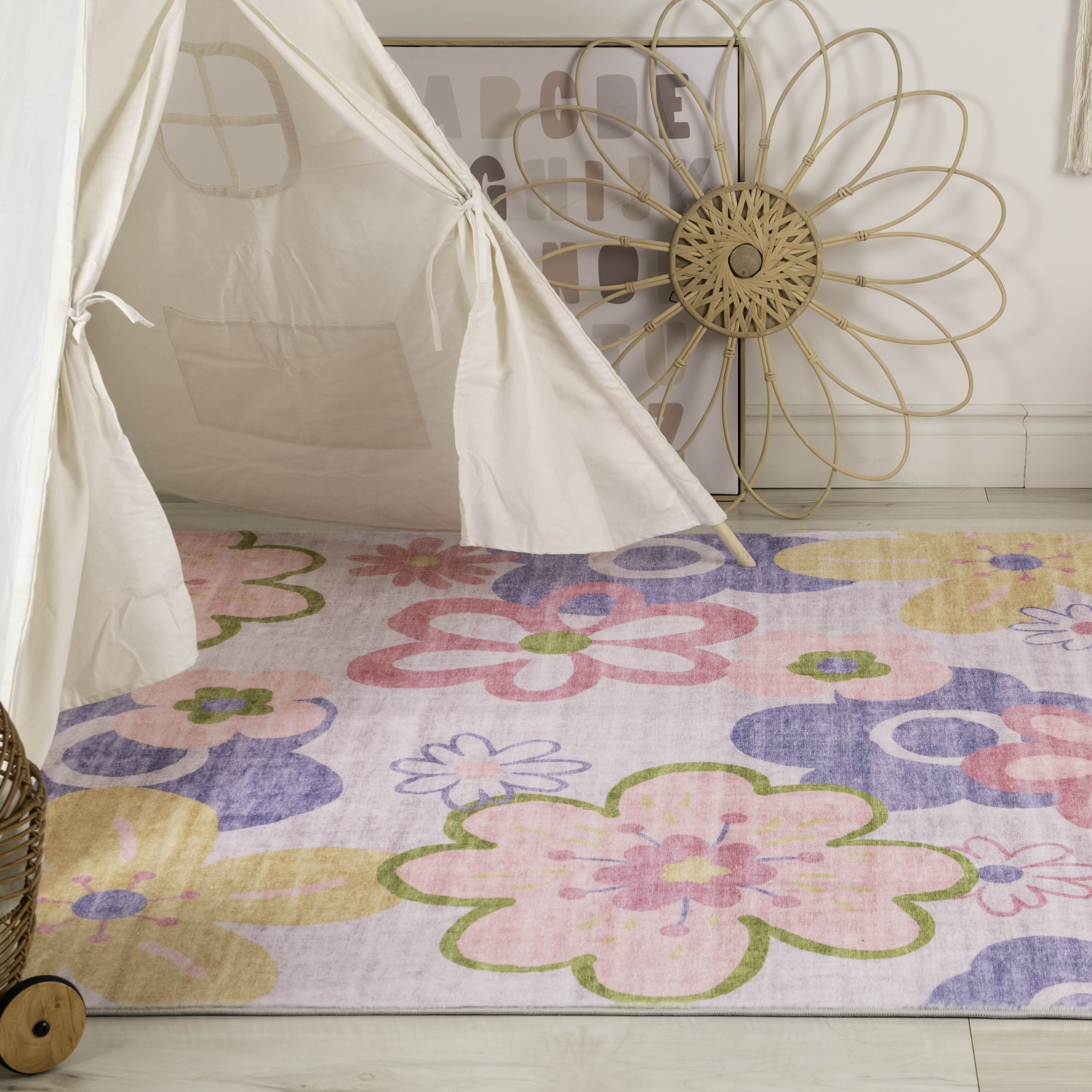 Rug Branch Soft Steps Fun Floral Doux, Rose Violet - Pour garcons et filles dans la salle de jeux, la chambre d'enfant, la chambre a coucher.