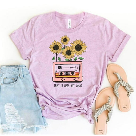 Trust In Vibes Not Words T-shirt Music Party Shirt Botanical Top Sunflower Gift Old School Playlist Tee Gifts For Women