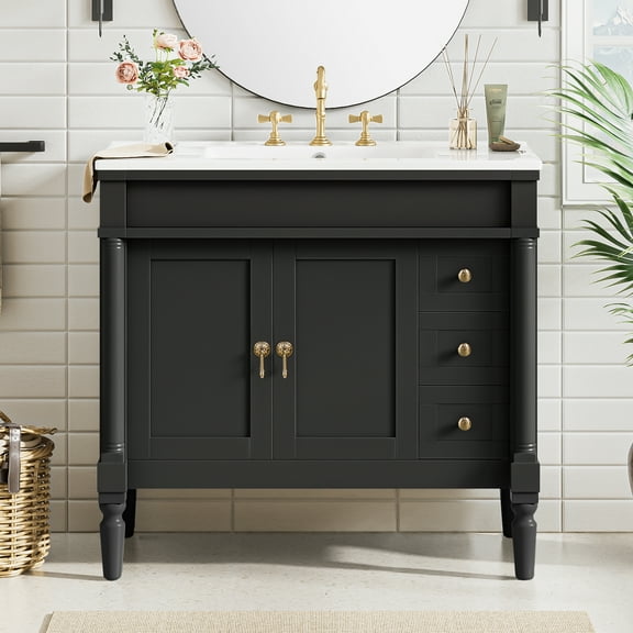 Euroco 36" Bathroom Vanity with Ceramic Sink, Soft Close Doors, Adjustable Shelves, Modern Storage Cabinet for Small and Medium Bathrooms