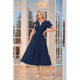 thumbnail image 2 of V-Neck Pleated Puff Sleeves Long-Sleeved Dress Navy Blue XXL, 2 of 4
