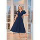 thumbnail image 2 of Vestido de Larga con Cuello en V, Plisado y Mangas Abullonadas, Azul Marino, Talla M, 2 of 4