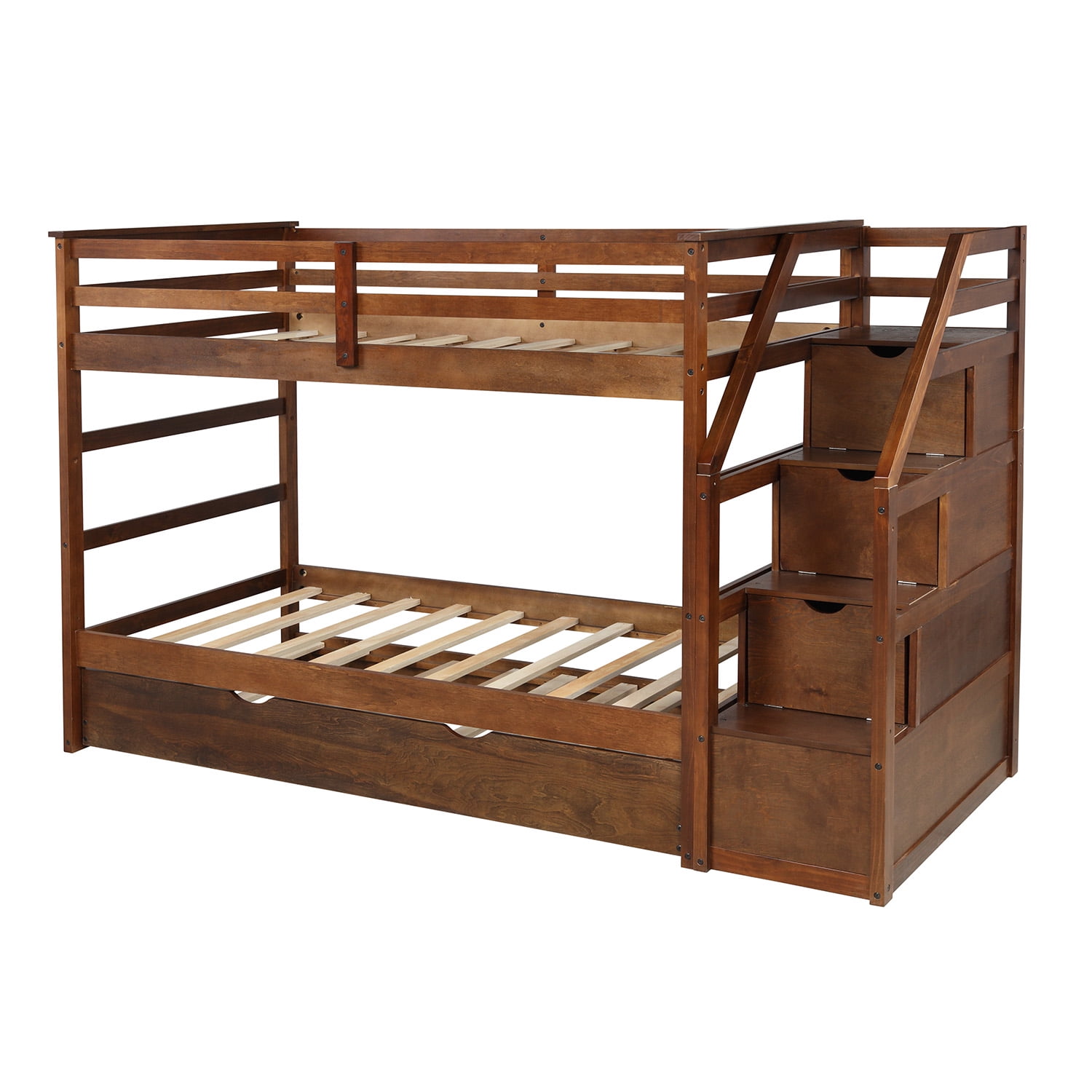 Twin-Over-Twin Bunk Bedd with Twin Size Trundle and 3 Storage Stairs-Walnut