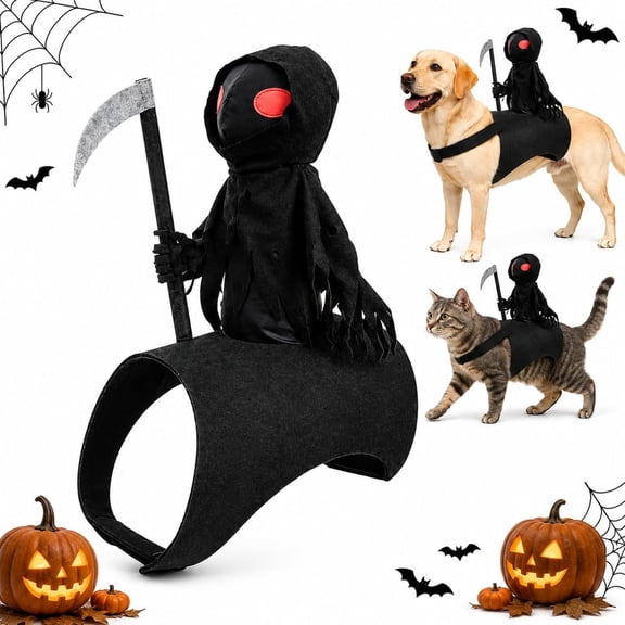 Halloween 3D Saddle‑Style Pet Rider Costume, Cosplay Outfit with Sickle Accessory, Adjustable Hook‑and‑Loop Fastener, Festive Apparel for Dogs & Cats for Party and Photo Shooting L