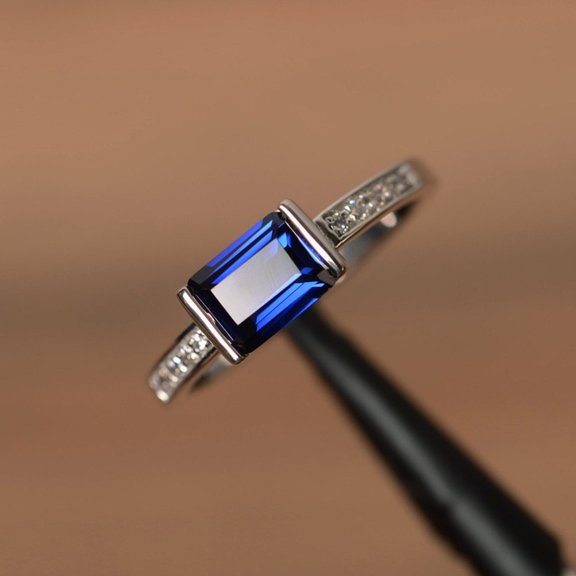 Joyaljewelry Emerald Cut Blue Lab Sapphire Ring 4.5 ct. t.w., Sterling Silver