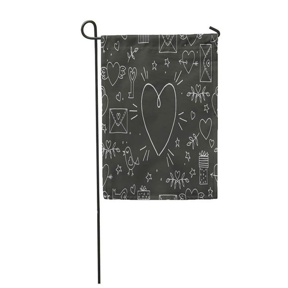POGLIP Doodles Valentine Pattern Cartoon Romantic Heart Wings Branch Leaves Bird Lock Key Garden Flag Decorative Flag House Banner 28x40 inch
