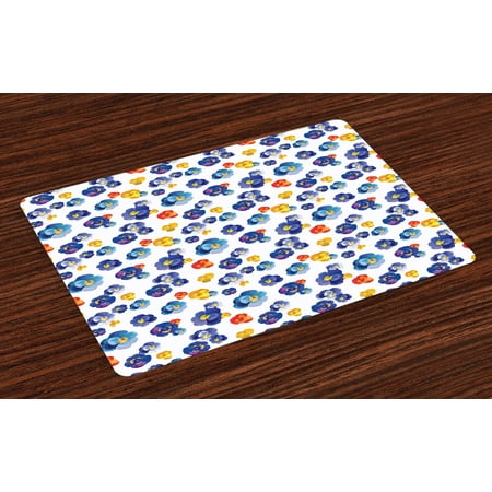 Botanic Blue Placemats - Flower Placemats Set of 4 Nature Botanic Design Colored Violet Floral Tiny Flowers Art Print, Washable Fabric Place Mats for Dining Room Kitchen Table Decor,Dark Blue and Yellow Orange, by Ambesonne