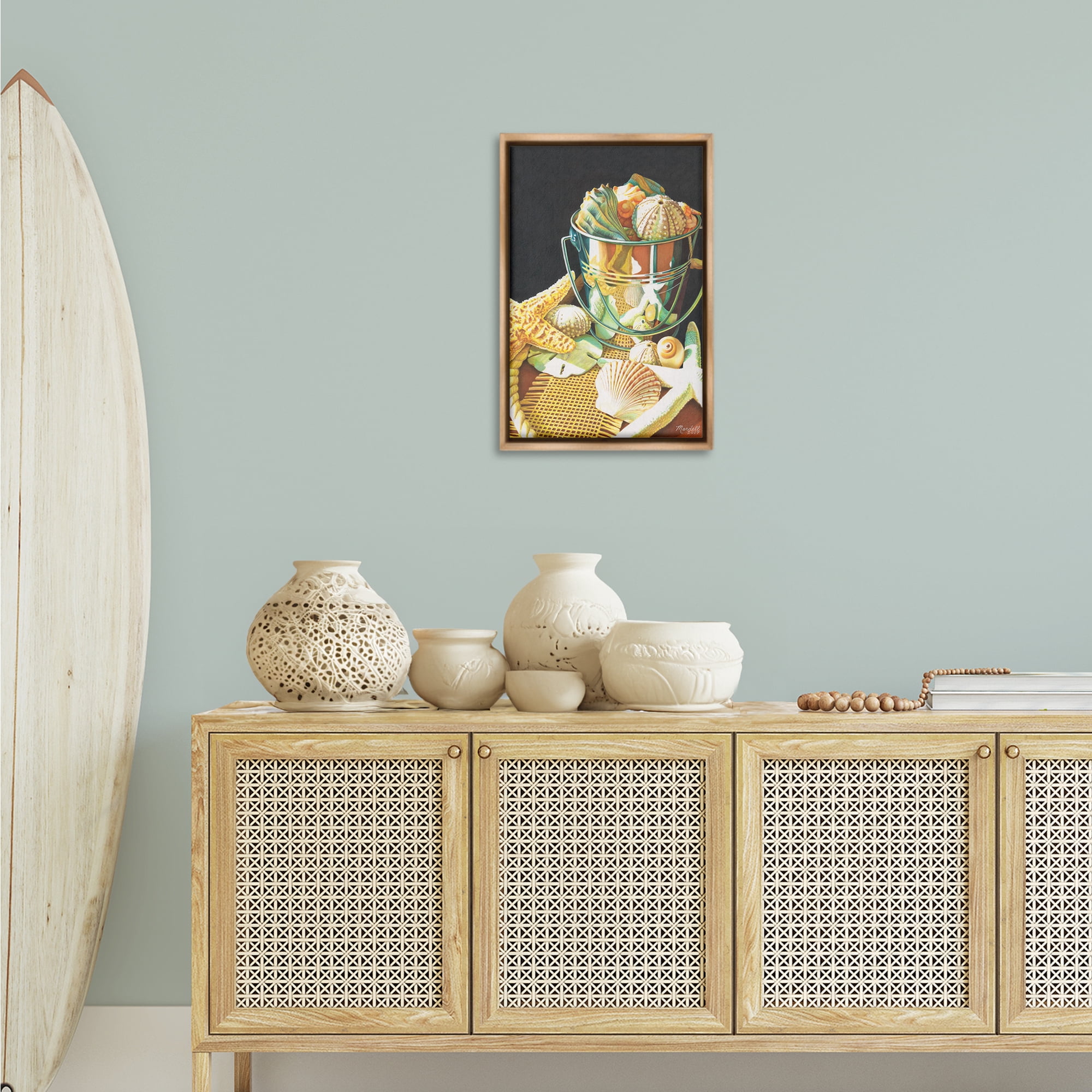 Stupell Industries Bucket Of Seashells Coastal Painting Brown Floater Framed Art Print Wall Art, 17 x 25