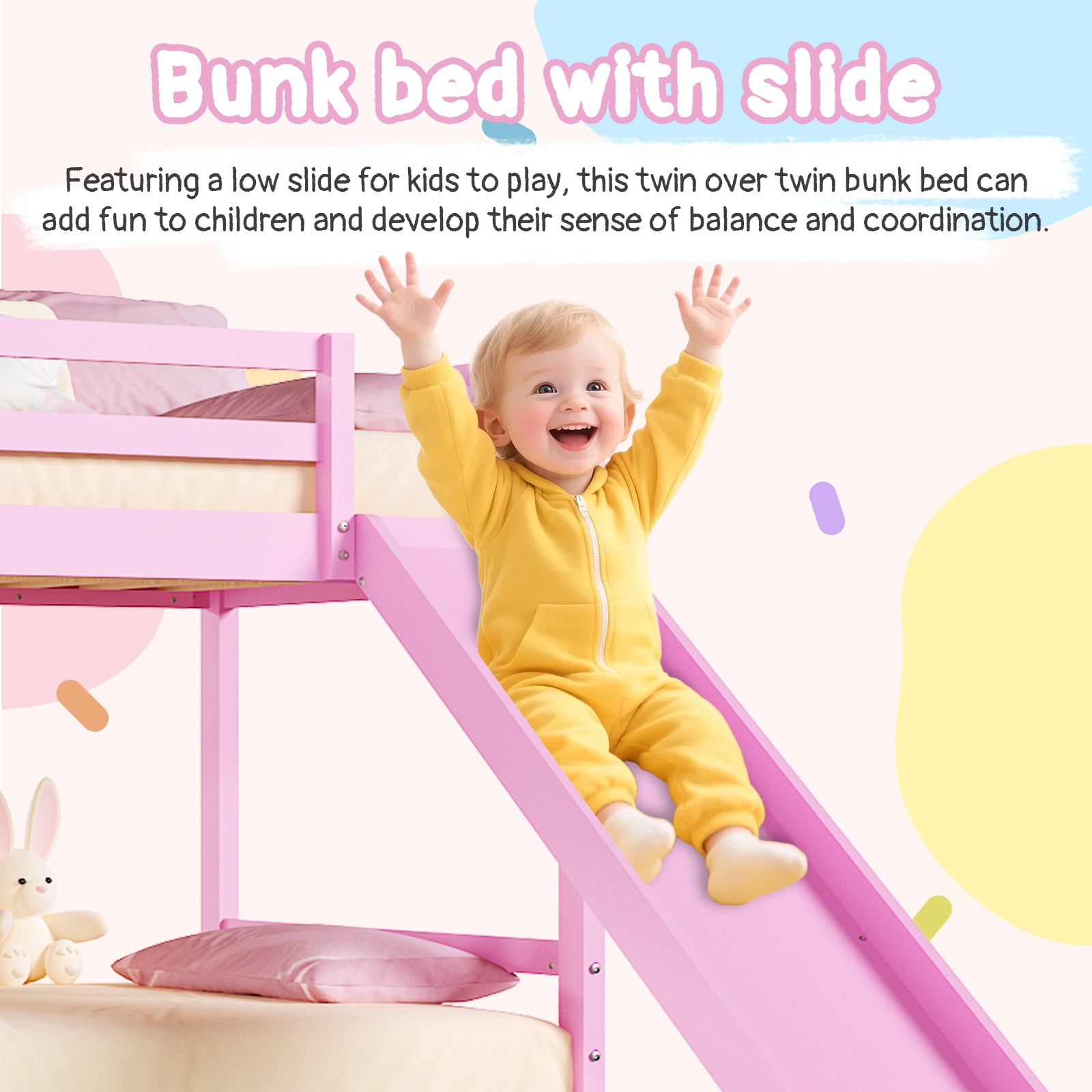 Zimtown Bunk Bed Twin Over Twin, Pink Pine Wood Frame with Slide