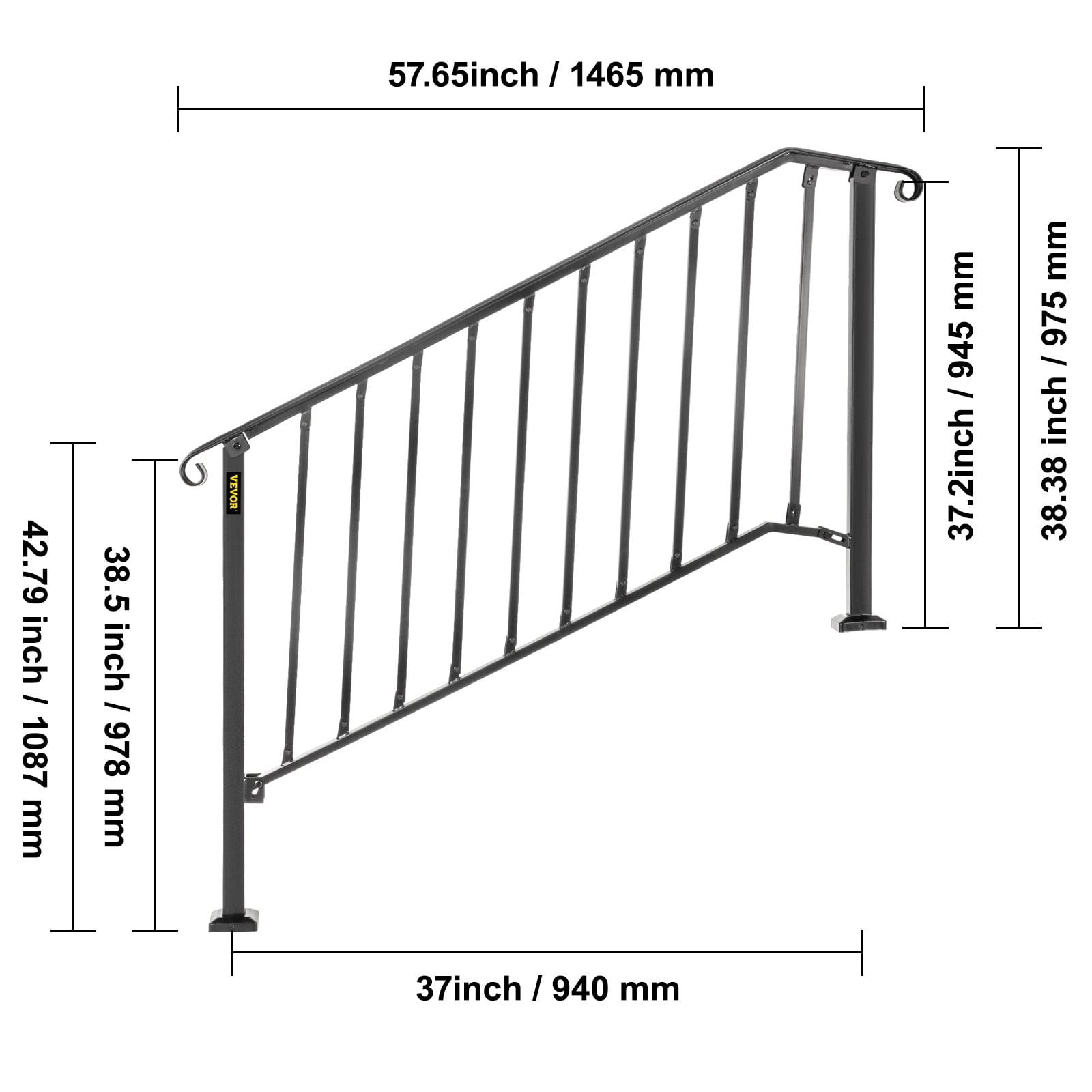 VEVORbrand Handrail Picket #4 Fits 4 or 5 Steps Stair Rail Height adjustable Wrought Iron Handrail with Installation Kit Hand Rails for Outdoor Steps，Matte Black