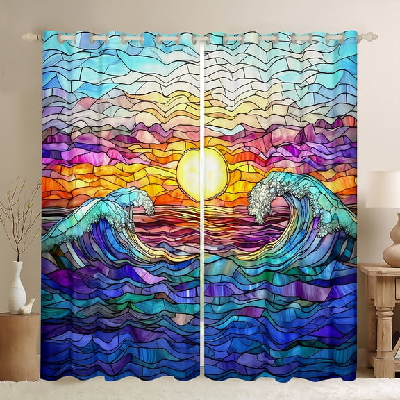 Homewish Teens Bohemian Sun Black Out Curtains, Vintage Blue Ocean Waves Curtains Pack of 2 (42x63 Each), Oil Printing Artwork Bedroom Curtains, Curtains Blackout Home Decor