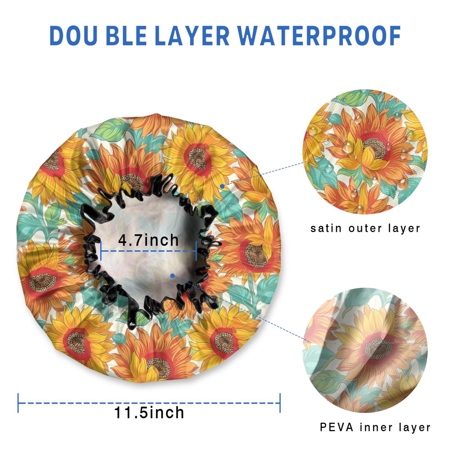 Shower Caps,White Orange Sunflower Pattern Waterproof Shower Cap for Women 4 Pieces,Double Reusable Hair Cover for Shower PEVA Elastic Stretch Hem
