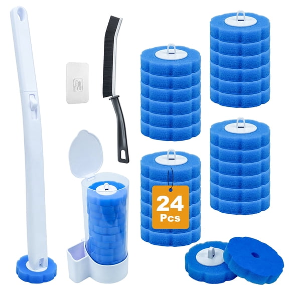 ZQZiQi 3-in-1 Disposable Toilet Brush Set, 24 Toiletwand Refills, Wall Mounted & Freestanding Space Saving Bathroom Cleaning Tool