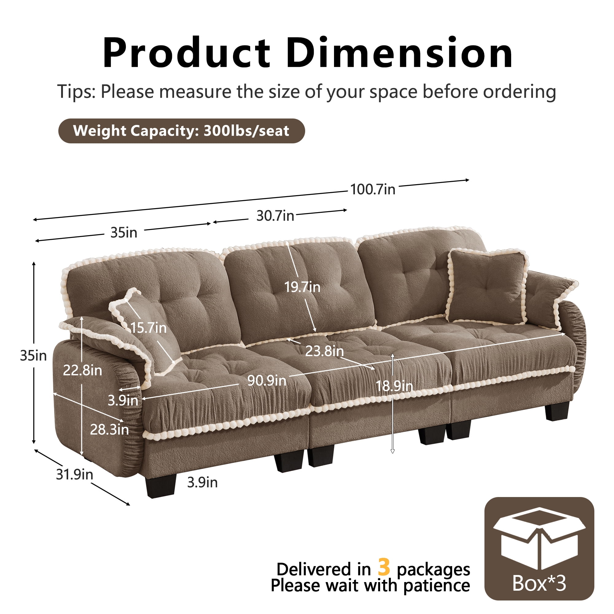 Anpport 100" Chenille Cloud 3‑Seater Sofa with 4 Pillows, Pom‑Pom Trim, Quilted Tufted Ergonomic, Easy Assembly Deep Seat for Living Room Apartment, Brown