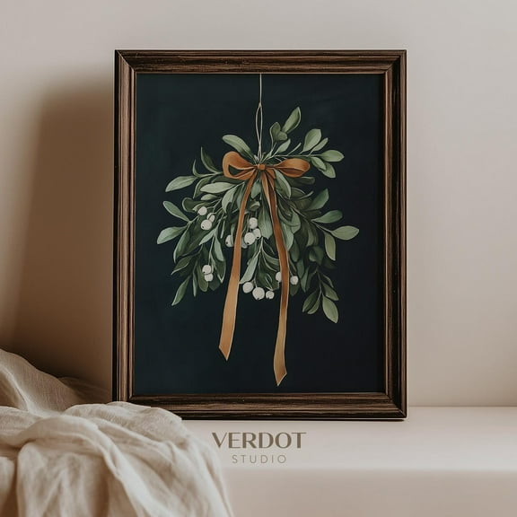 Zuno Vintage Mistletoe , Christmas Decor Printable Wall Art, Dark Moody Antique Holiday Print, Neutral Winter Botanical Poster - Wall Art Print, 8x12 UNFRAMED