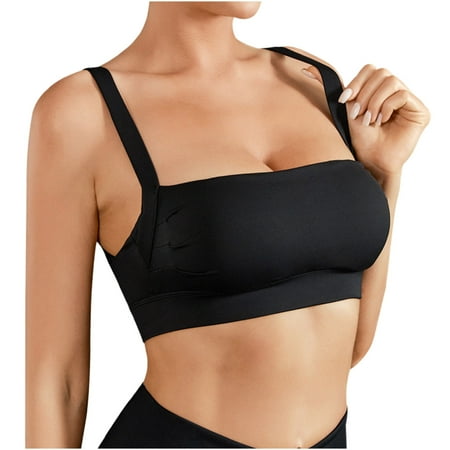 Backless Sports Bra for Women Square Neck Sexy Gather Push Up Bralette Pull-On Medium Support Padded Gym Workout Bras  Black  S