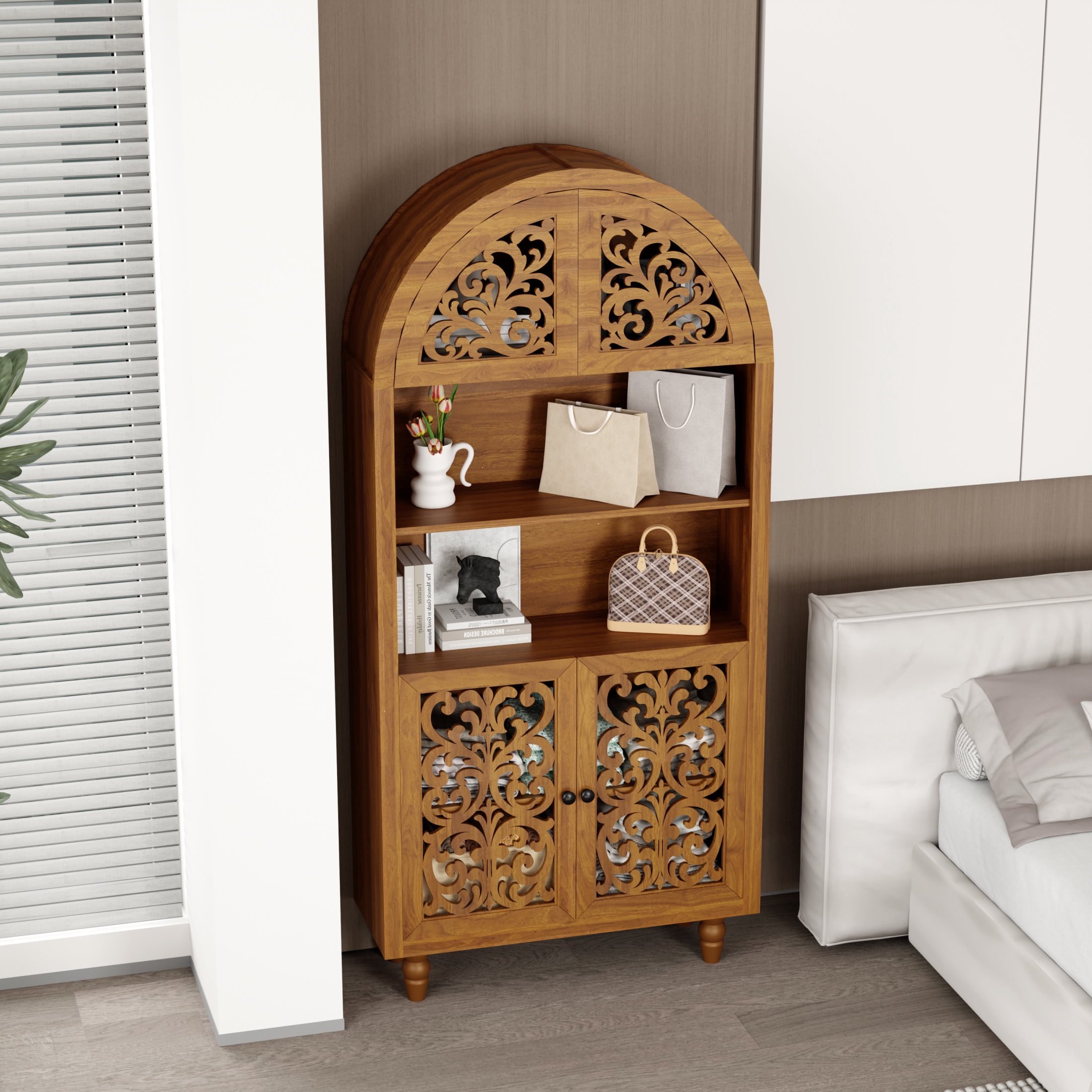 Noble House 67" Vintage Arched Storage Cabinet with Open Shelves, Carved Wood Bookcase, Walnut