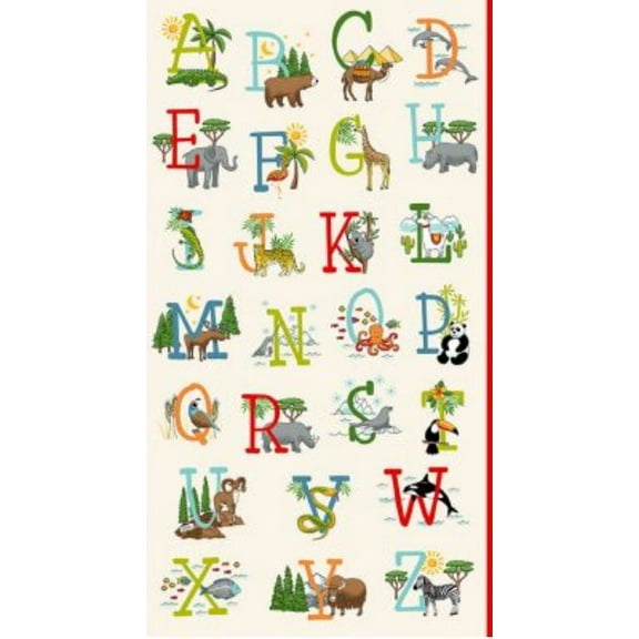 24" X 44" Panel ABC Around the World 2 ABC's Alphabet Animals Kids Learning Multicolor Cotton Fabric Panel (TP-2525-1)