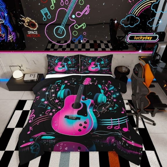 Castle Fairy Music Guitar 2pcs Bedding Comforter Set,Pink Blue Twin Comforter Sets,Musical Notes Breathable Bedding Set,Ultra Soft Melody Home Decor,Reversible