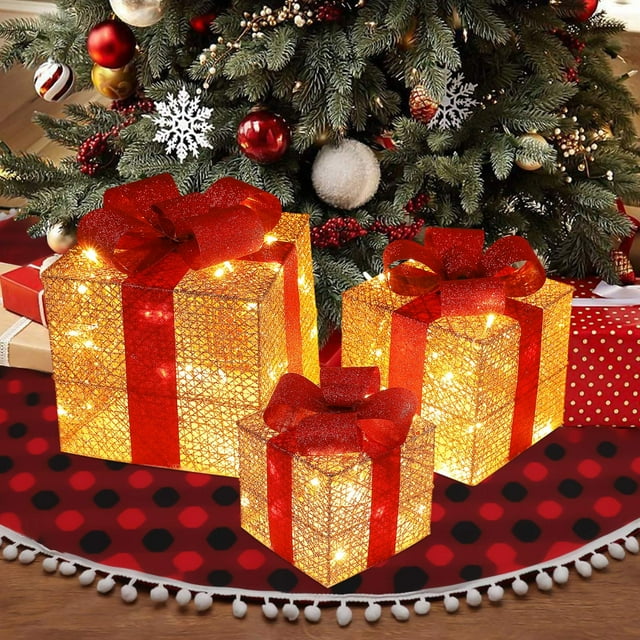 Boovnll Set of 3 Christmas Lighted Gifts Boxes LED Lighted Christmas Boxes with Ribbon Bows for Outdoor Indoor Christmas Tree Yard Home Holiday Decor, Christmas Decorations