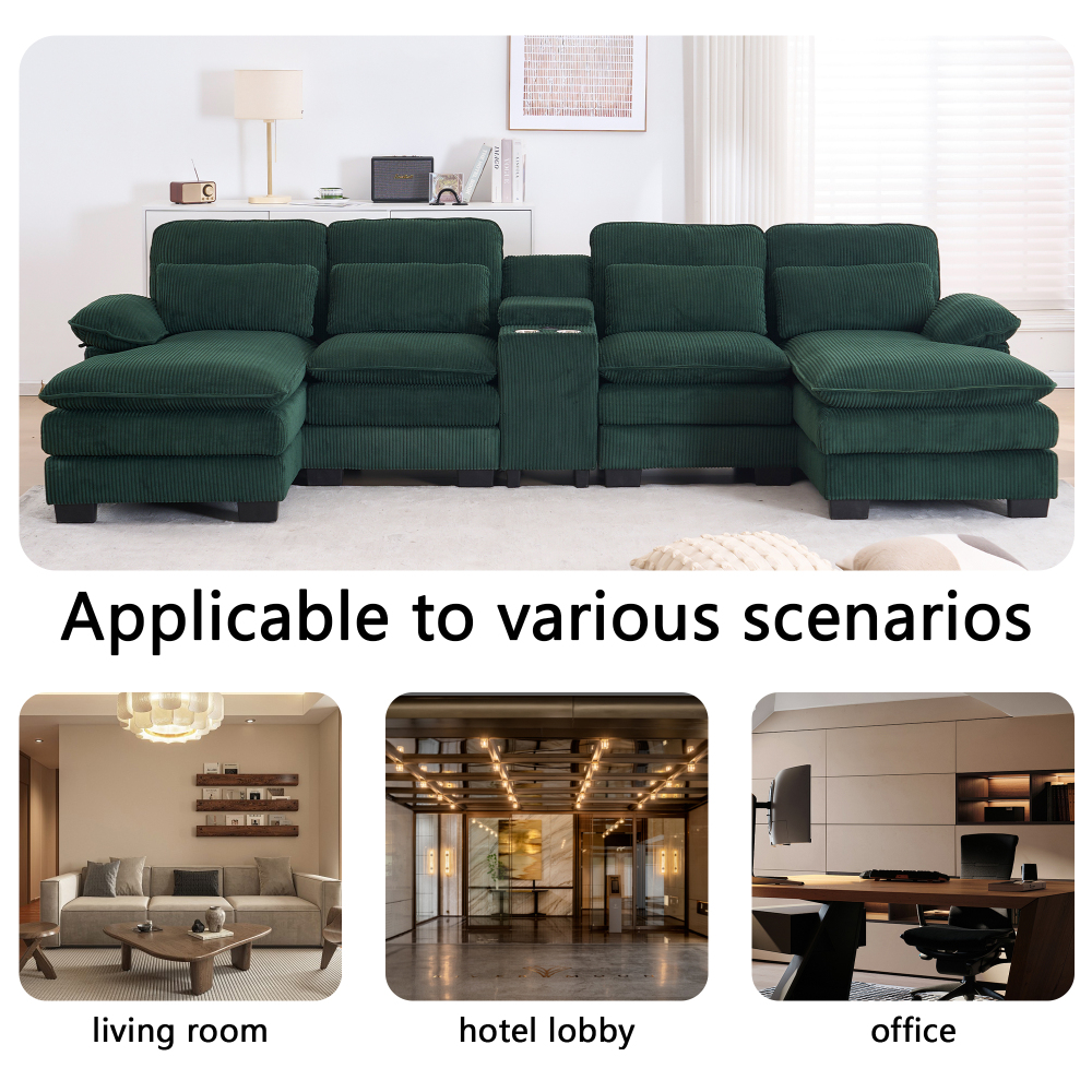 124" U-Shaped Modern Sectional Sofa w/ Console, Cup Holders & Pillows,  Comfortable Seating, Boneless Couch for living room